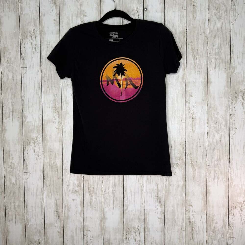 ZenImagination Zombass Miami Palm Tree Sunset Graphic Black T-Shirt Medium